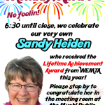 Invite to celebrate Sandy Heiden at the library on April 1 from 6:30 to 8:00.