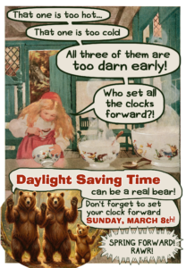 Charming graphic that reminds readers to change their clocks on March 8, 2026