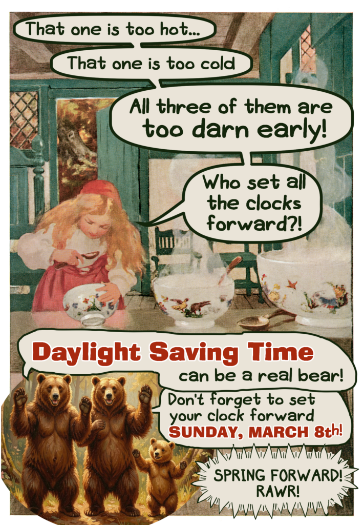 Charming graphic that reminds readers to change their clocks on March 8, 2026