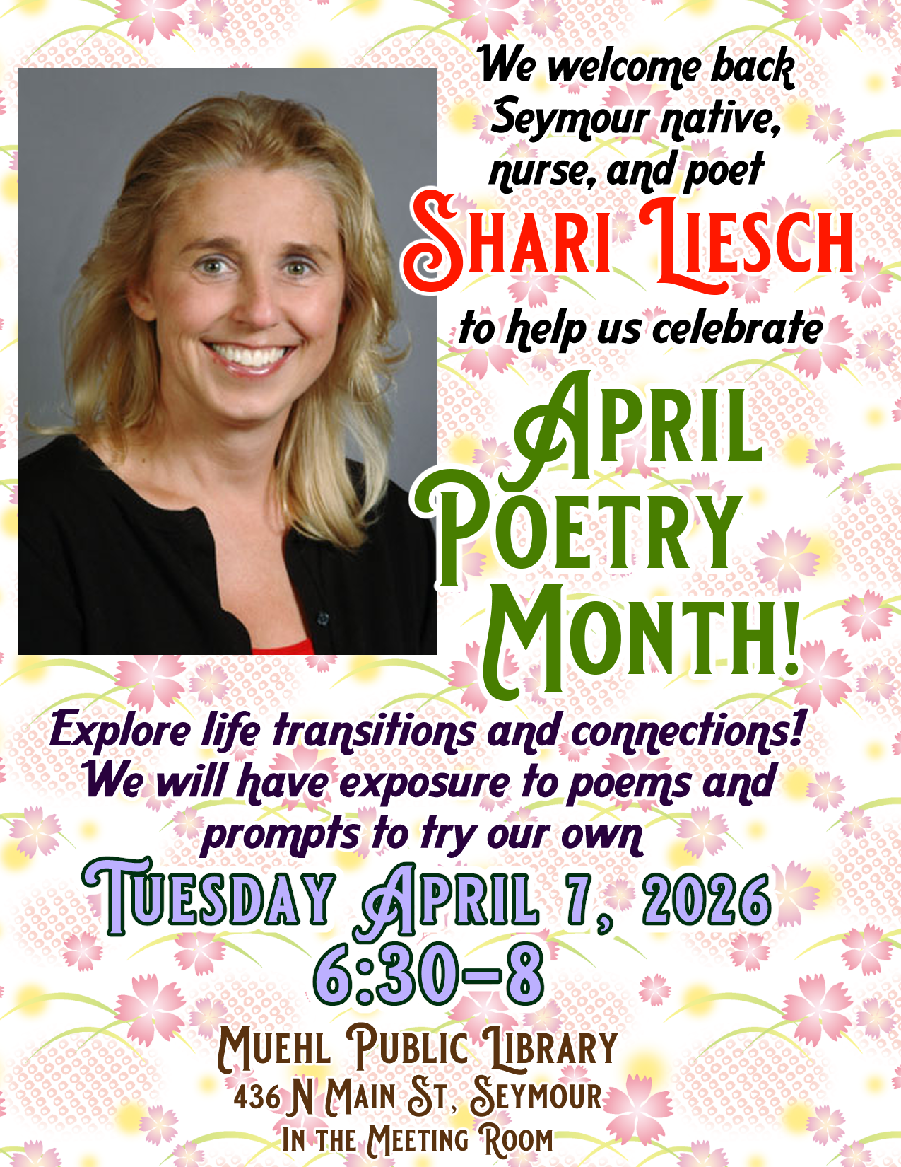 Flyer for April 7 poetry event with guest Shari Liesch