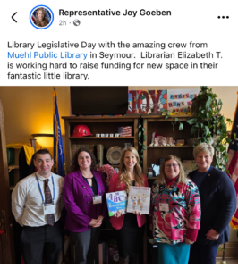 Post by Rep Joy Goeben about Library Legislative Day visit 2026